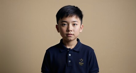 Wall Mural - Focused Asian teenage boy with buzz cut wearing polo shirt on plain beige background