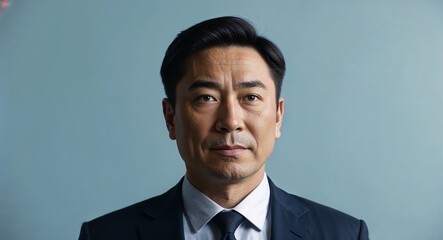 Wall Mural - Focused middleaged Asian man with short black hair wearing suit on plain light blue background