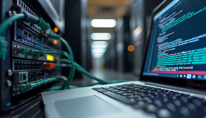 A close-up view of a computer setup, in an office or server room environment. In the foreground is an open laptop displaying to be code or data on its screen. To the left of the laptop, several electr
