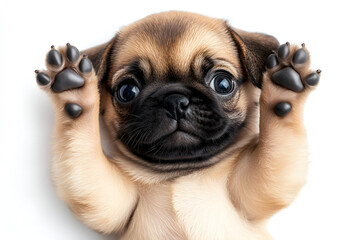 cute funny pug/mops puppy dog lying on his back with paws up and  waiting for belly rubs; doggy isolated on white background