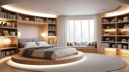 Wall Mural - Modern style design with artistic sense of bedroom, double bed and bookshelf, new bedroom design