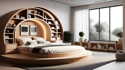 Wall Mural - Modern style design with artistic sense of bedroom, double bed and bookshelf, new bedroom design