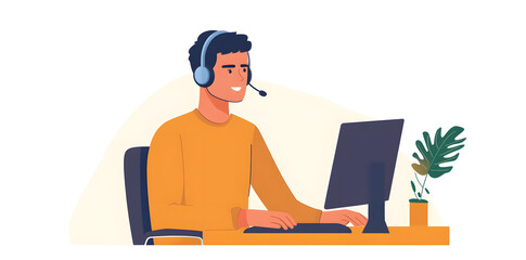 Wall Mural - Young man working in customer service wearing a headset flat illustration isolated on background