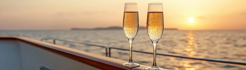 Two elegant champagne glasses at sunset aboard a yacht, capturing a moment of celebration and luxury by the serene ocean.