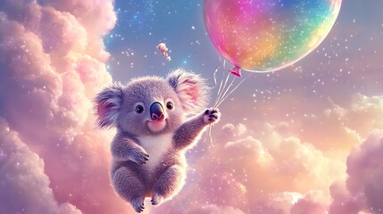 Canvas Print - A cute koala holding a rainbow balloon flies through a magical sky.