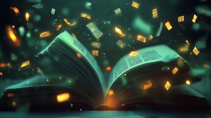 Wall Mural - An open book with glowing magical particles rising from its pages.