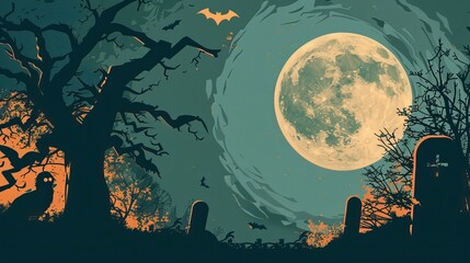 Flat lay Vector Illustration A poster for halloween with a full moon in the background, Happy Halloween