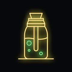 Wall Mural - Glowing neon line icon of a french press coffee maker brewing a fresh cup of coffee isolated on a black background