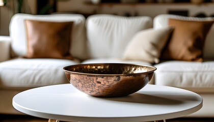 Elegant copper bowl on a pristine white table, paired with a stylish white couch adorned with brown and white decorative pillows