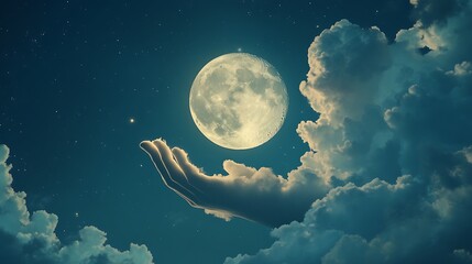 Canvas Print - A hand reaching out to grasp the full moon in a night sky with clouds and stars.