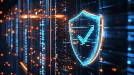 Fototapete - In the server room, a futuristic digital shield represents cloud computing and cybersecurity, ideal for software and online backup solutions.