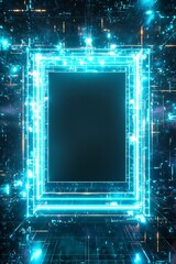 Wall Mural - A pixelated digital background with a glowing neon blue frame, its blank center standing out as a digital focal point. 