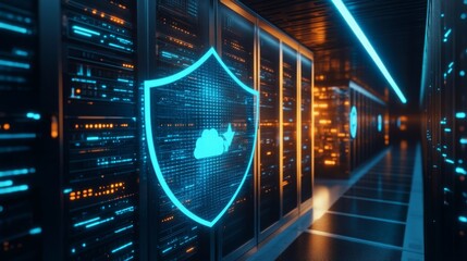 Fototapete - In the server room, a futuristic digital shield represents cloud computing and cybersecurity, ideal for software and online backup solutions.