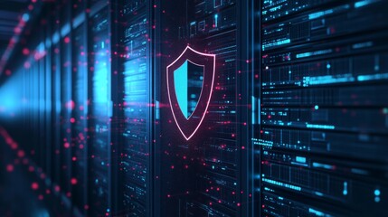 Fototapete - A digital shield of the future, set within a server room, showcasing cloud computing for software, cybersecurity, and IT storage.