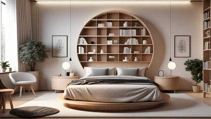 Wall Mural - Modern style design with artistic sense of bedroom, double bed and bookshelf, new bedroom design