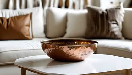 Elegant copper bowl on a pristine white table, paired with a stylish white couch adorned with brown and white decorative pillows