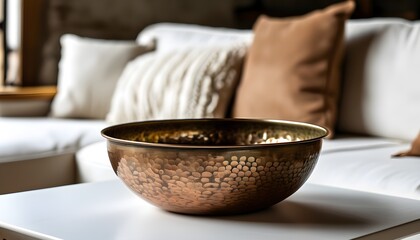 Wall Mural - Elegant copper bowl on a pristine white table, paired with a stylish white couch adorned with brown and white decorative pillows