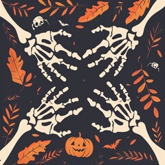 Wall Mural - Flat lay Vector Illustration Halloween banner with skeleton hands, Happy Halloween