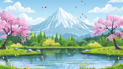 Wall Mural - Serene Spring Landscape with a Majestic Mountain