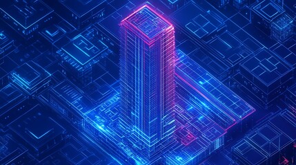 Canvas Print - A glowing, digital skyscraper in a futuristic city.