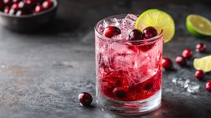 Sticker - Close-up of a refreshing cranberry lime cocktail with ice cubes in a glass.