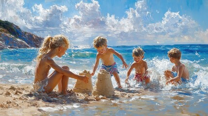 A family enjoying a day at the beach, building sandcastles and splashing in the waves, oil painting on canvas