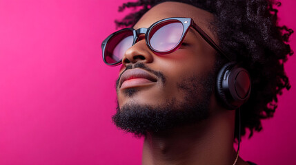 Close up of young black guy listening to music on headphones studio shot.