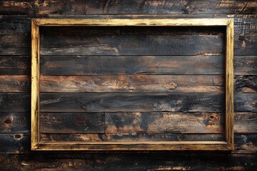 Wall Mural - A rugged wooden plank wall with a tarnished brass frame, the empty middle creating a rustic vibe 