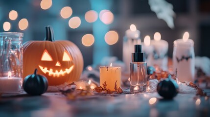 An empty scene featuring a blurred background with soft-focus spooky nail art and beauty products, creating an ideal product mockup space, 