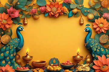 Diwali Lakshmi Puja style wallpaper saffron yellow background with peacock blue decoration and large blank space in the center for text lotus flowers and peacocks on both sides of the frame oil lamps