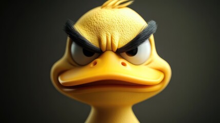 3D cartoon duck face with intense annoyance, deep frown lines, tightly closed beak, and ruffled head feathers