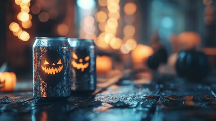 An empty scene featuring a blurred background with soft-focus spooky drink cans and a blank can label, creating an ideal product mockup space, 