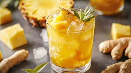 Sticker - Close-up of a refreshing pineapple and ginger drink with ice cubes in a glass.