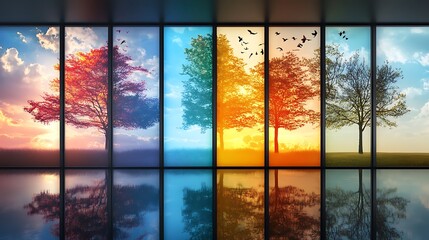 Sticker - Four seasons depicted in windows, showing a tree changing colors with a sunset.