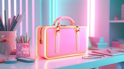 Canvas Print - Pink handbag on a white desk with neon light, stationery and a laptop.