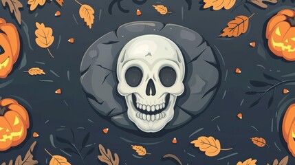 Wall Mural - Flat lay Vector Illustration Halloween slate decoration with skull, Happy Hallowee