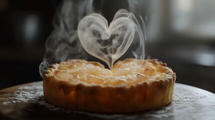 A freshly baked apple pie with steam forming a heart shape rising from it.