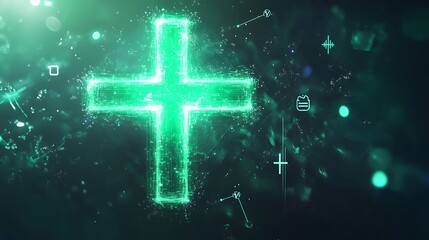 Wall Mural - A glowing green cross made of particles against a dark background.