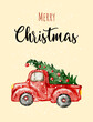 © Evgeniya Sheydt - Christmas greeting card with vintage red truck delivers a Christmas tree, spreading holiday cheer in a snowy winter scene