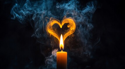 A single burning candle with smoke forming a heart shape on a dark background.