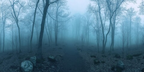 Wall Mural - A foggy forest with trees and rocks. The trees are tall and the sky is cloudy. Scene is mysterious and eerie