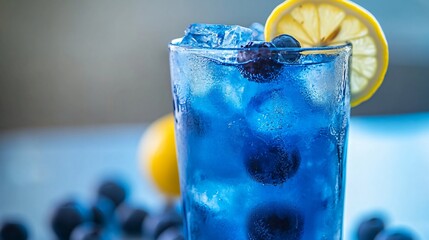 Wall Mural - Closeup of a tall glass filled with blue liquid, ice cubes, and a lemon wedge.