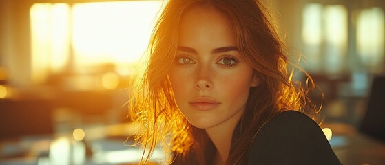 Wall Mural - A woman with long reddish-brown hair looks directly at the camera in a warm, indoor setting.