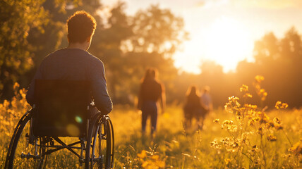 Celebrating International Day of Persons with Disabilities in a sunlit field at sunset