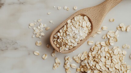 Rolled oats in a wooden spoon on a marble surface.