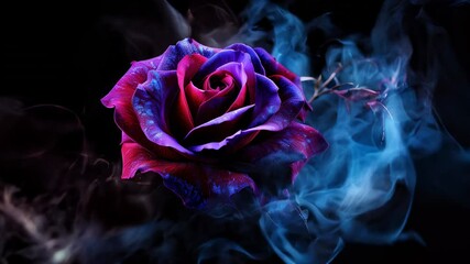 Wall Mural - Purple rose wrapped in red smoke swirl on black background