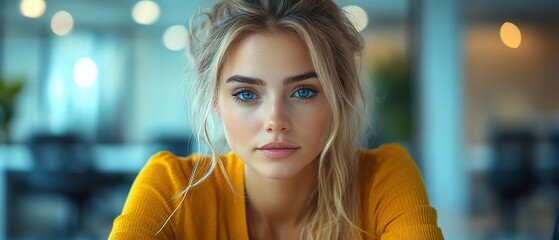 Wall Mural - Portrait of a beautiful blonde woman with blue eyes looking at the camera with a serious expression.