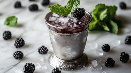 Sticker - Cold blackberry cocktail in a silver cup with mint leaves and ice cubes on a white marble background.