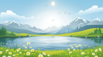 Wall Mural - Tranquil Mountain Lake with Blooming Flowers