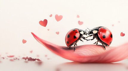 Two ladybugs on a pink petal, facing each other with hearts in the background.